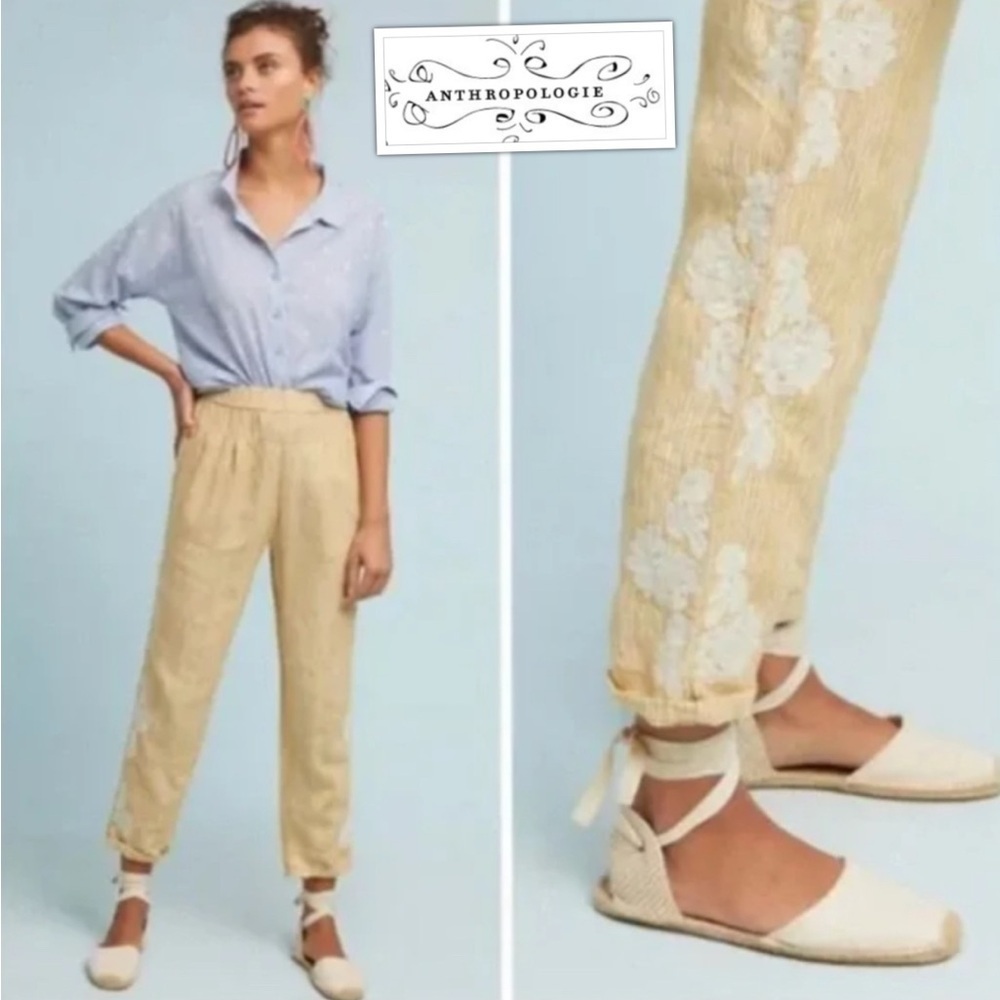 Anthropologie High Waisted Floral Embroidered Pull On Linen Trouser Pants Size M